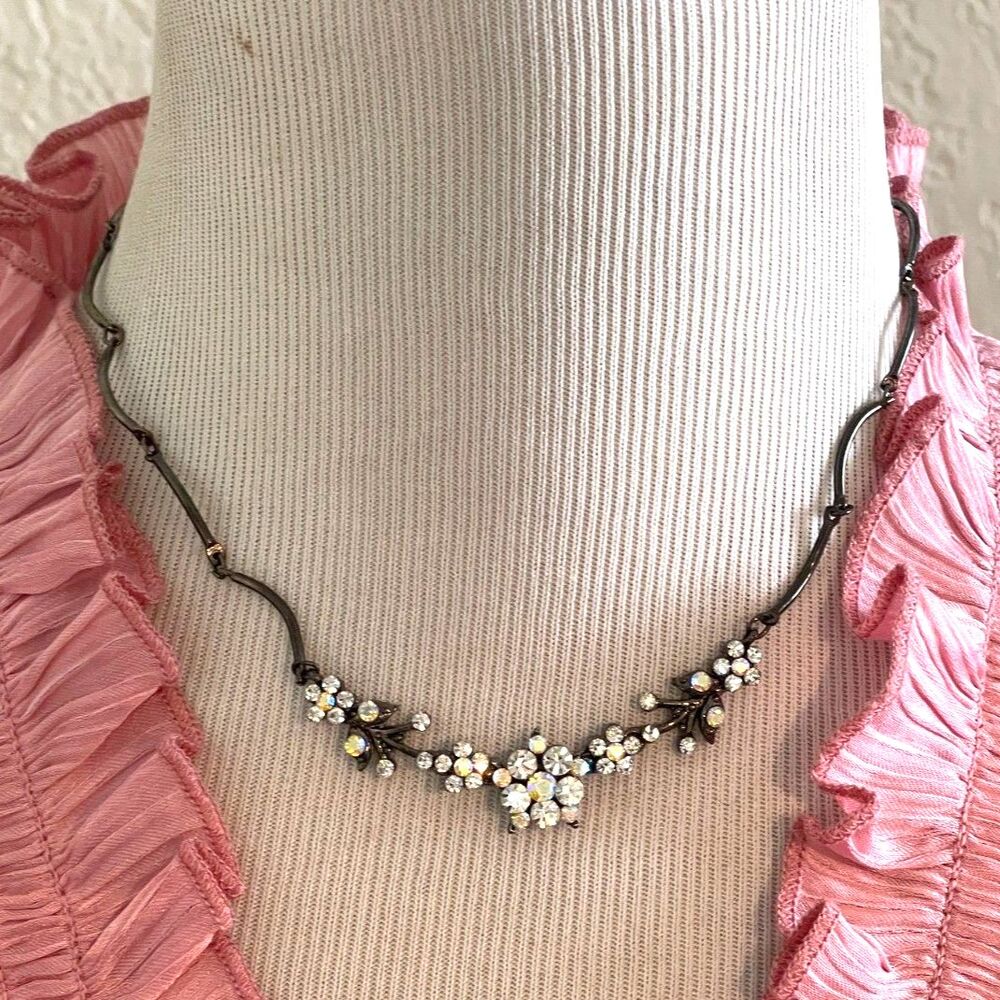 Vintage Dainty Y2K Rhinestone Flower Chocker Necklace 16" Long Black Chain